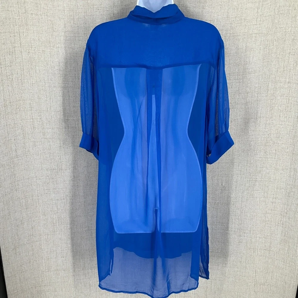 Trina Turk Swim Cover Up Dress Womens Small Blue Sheer Tie Neck Luxury NEW